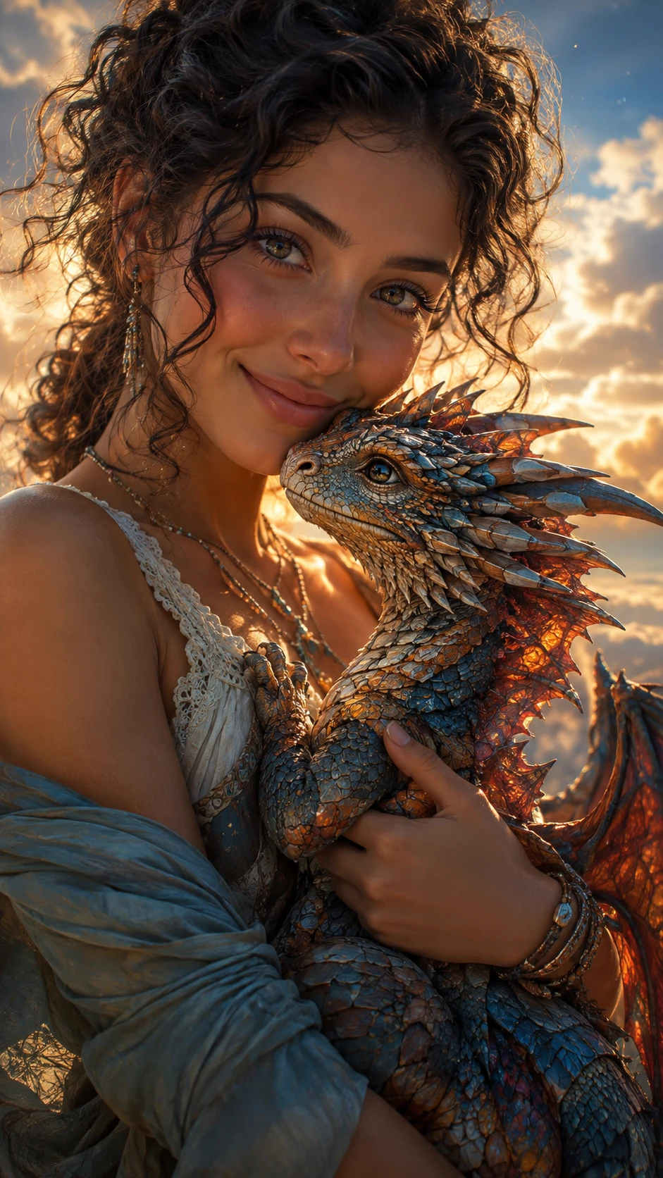 Niña sosteniendo a un bebé dragón en un cálido retrato en primer plano