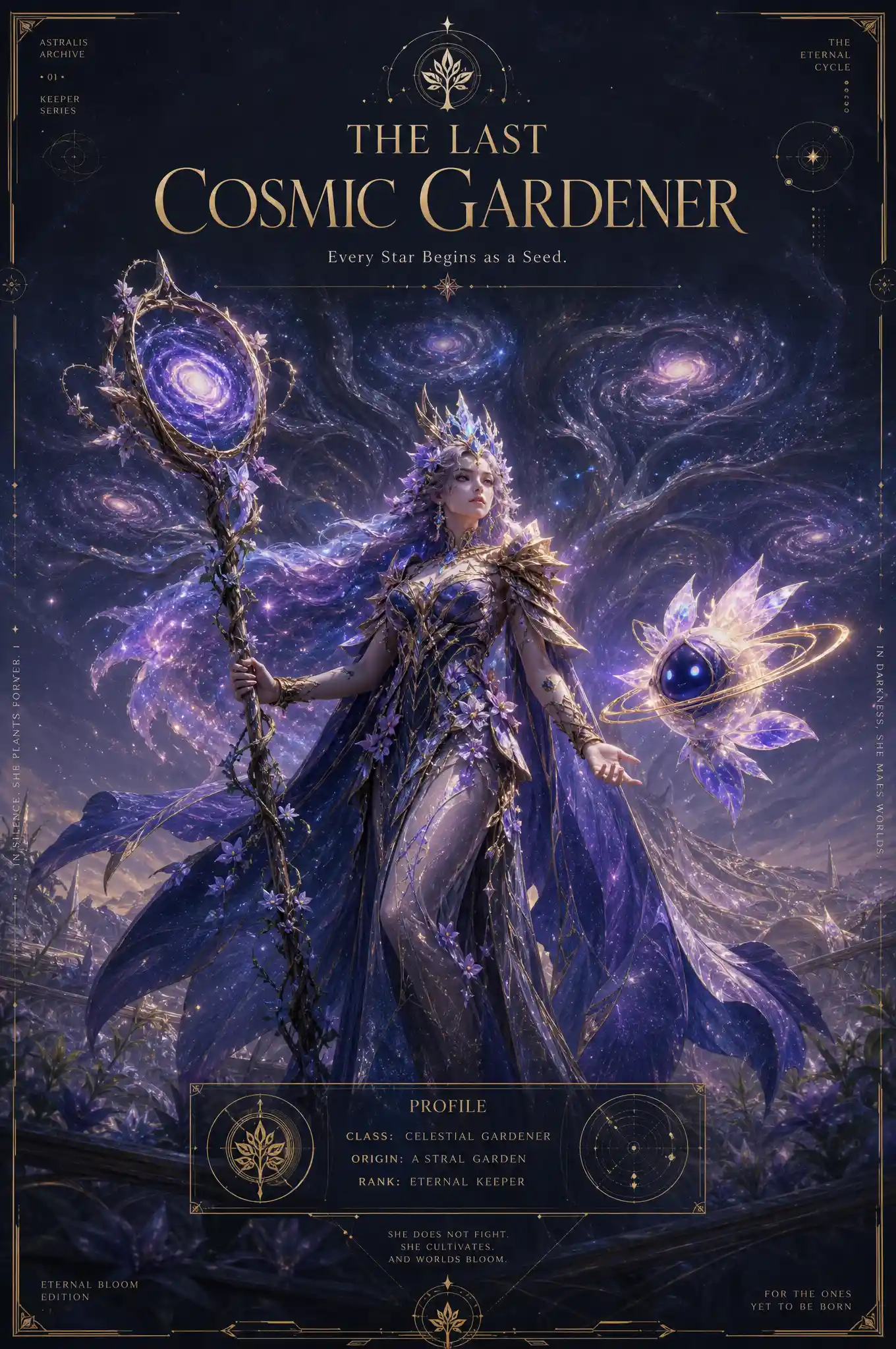 Guardiana celestial ante un vasto árbol cósmico del mundo