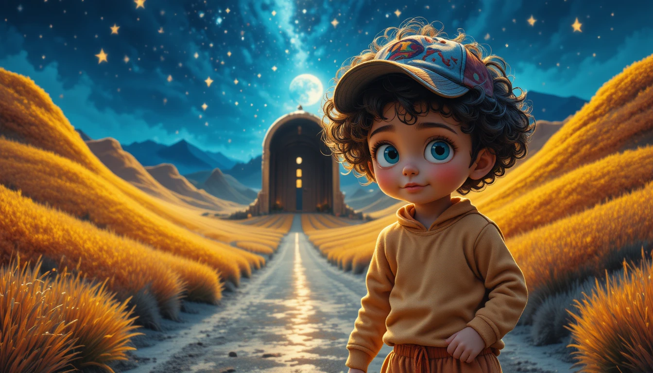 魔法の星空の扉の前に立つ青い瞳の子ども