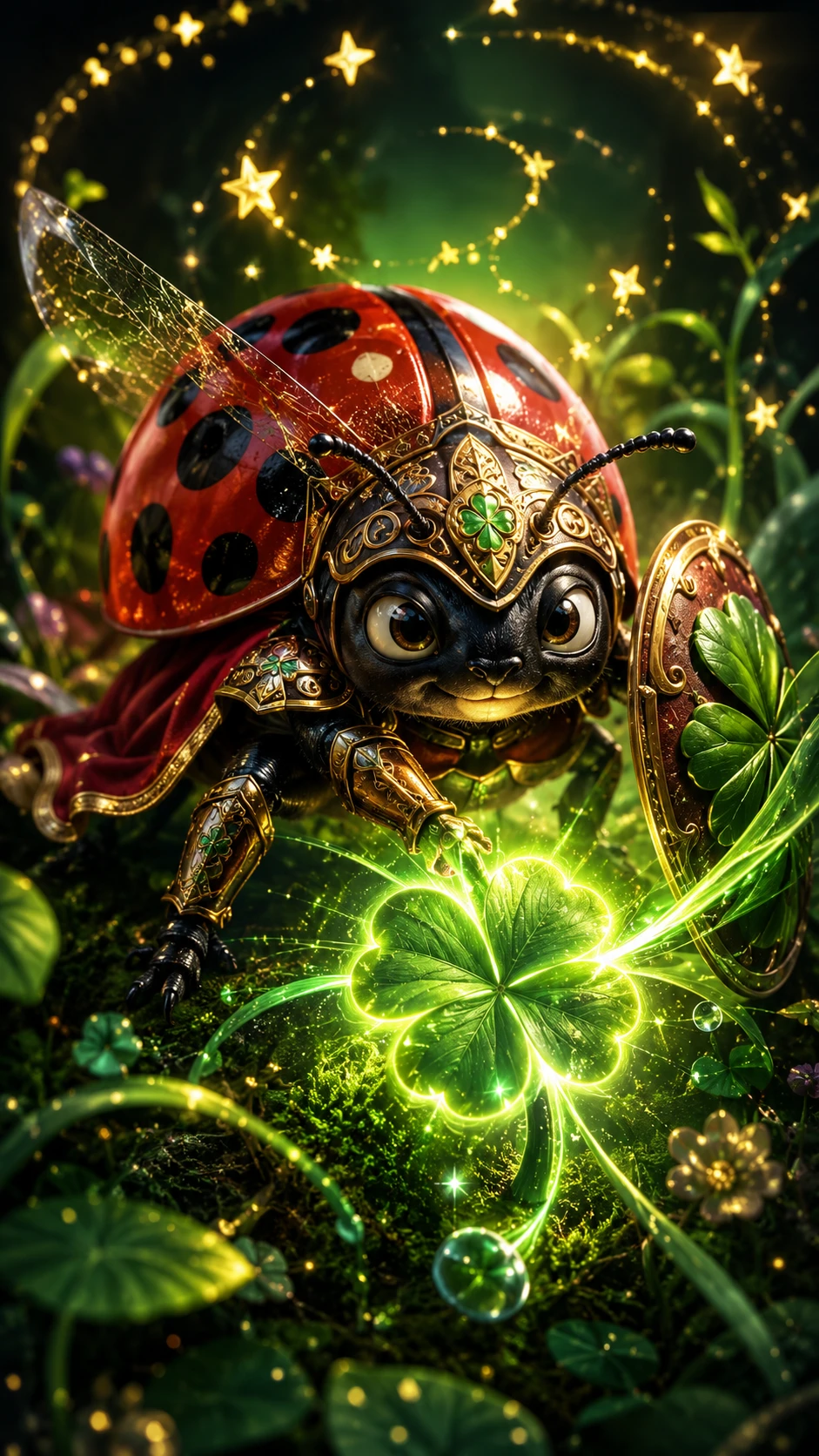 Coccinelle blindée gardant un trèfle à quatre feuilles lumineux
