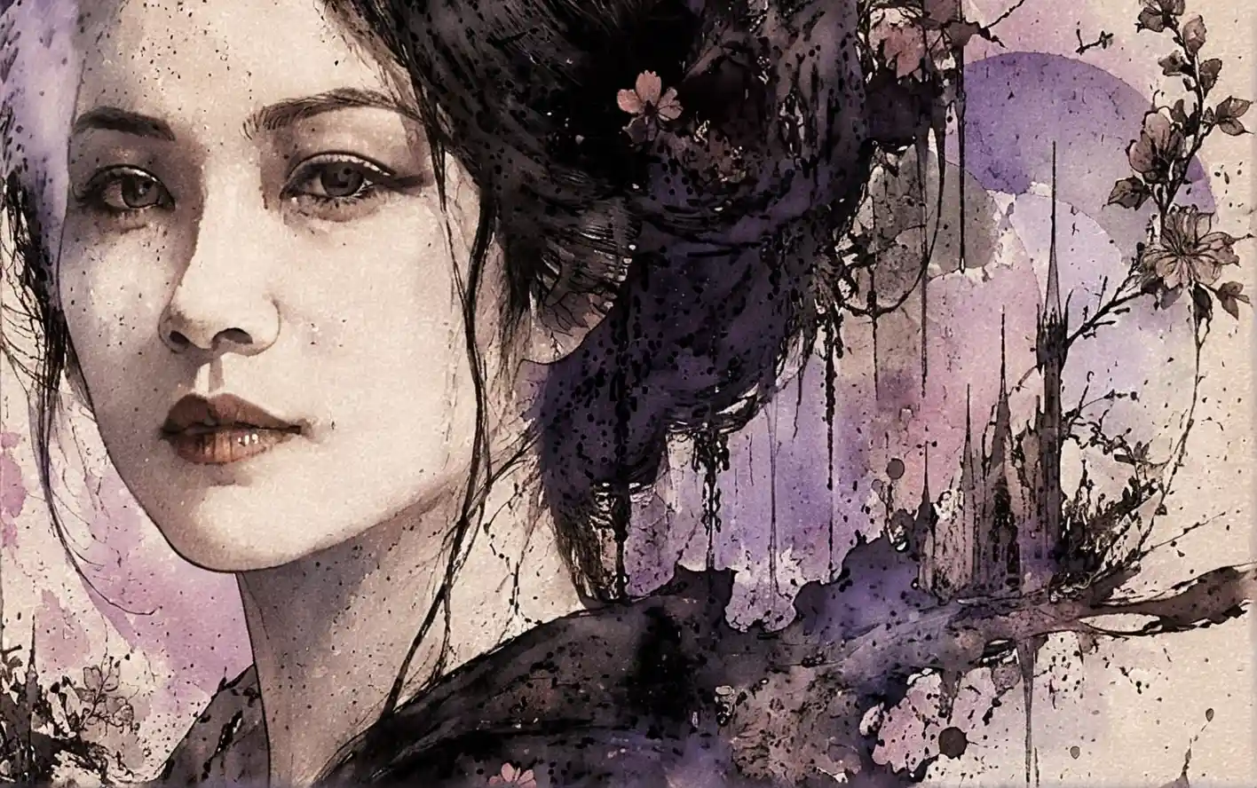 Elegant dark haired woman in ink wash gothic portrait