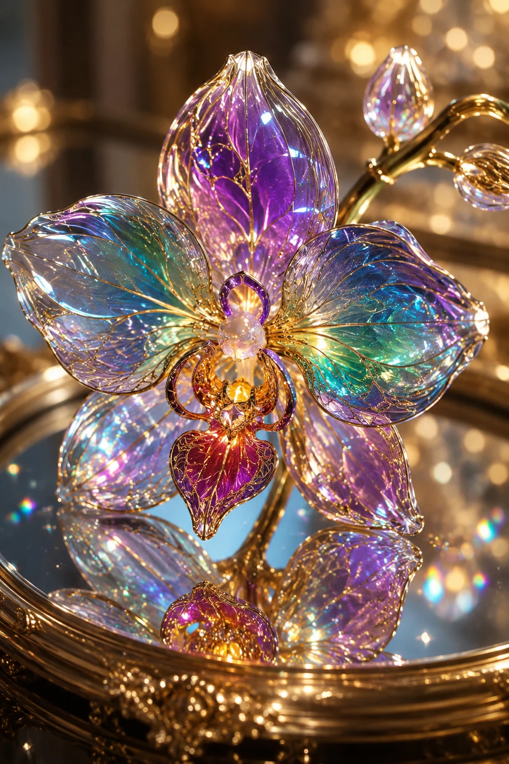 Escultura de orquídea de cristal brillante sobre mesa de vidrio espejado