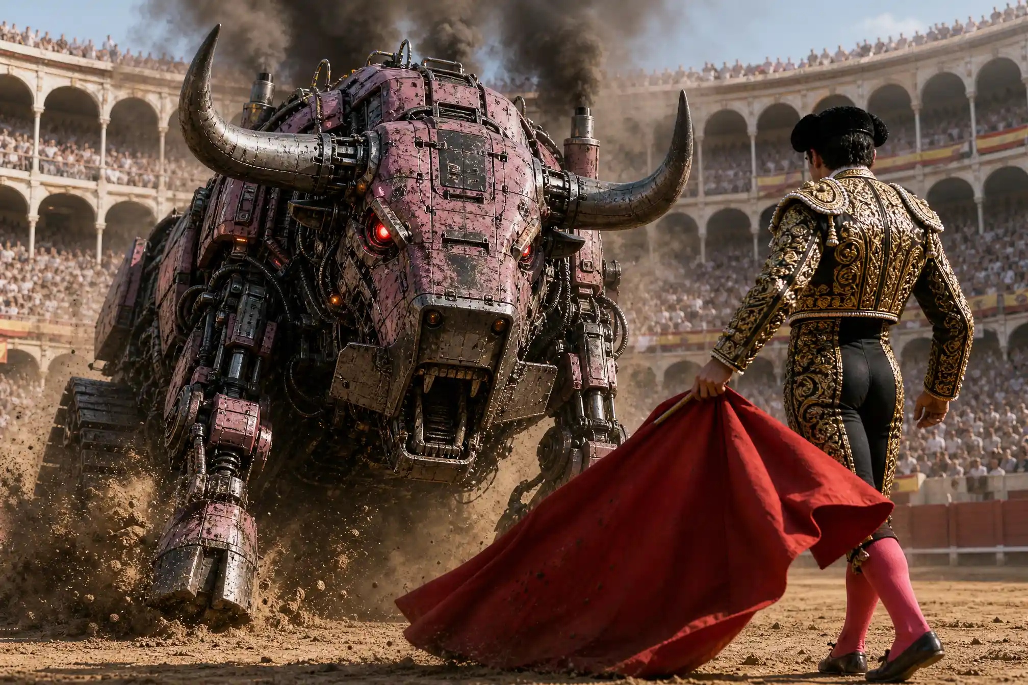 Taureau mécanique chargeant un matador intrépide dans une arène bondée