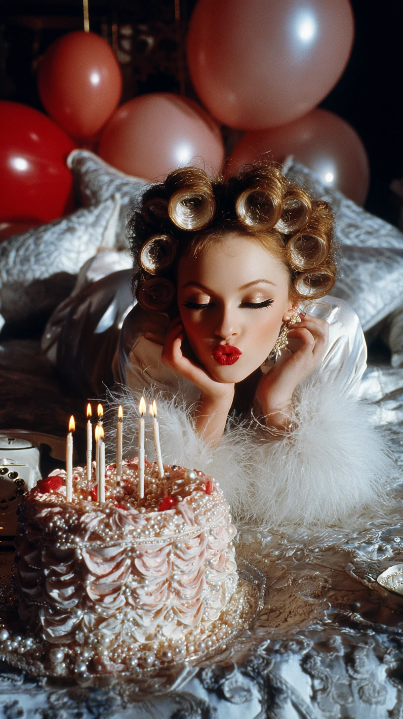 Mujer glamurosa en cama rosa posando con pastel de cumpleaños