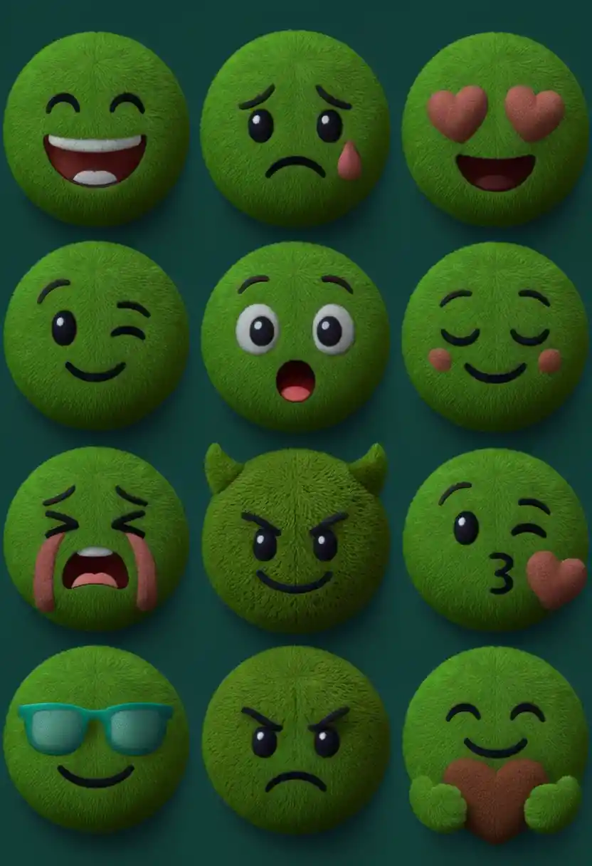 Faccine emoji 3D soffici disposte in una griglia semplice