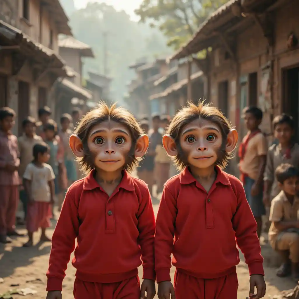 Monos gemelos con ropa roja en una aldea india soleada