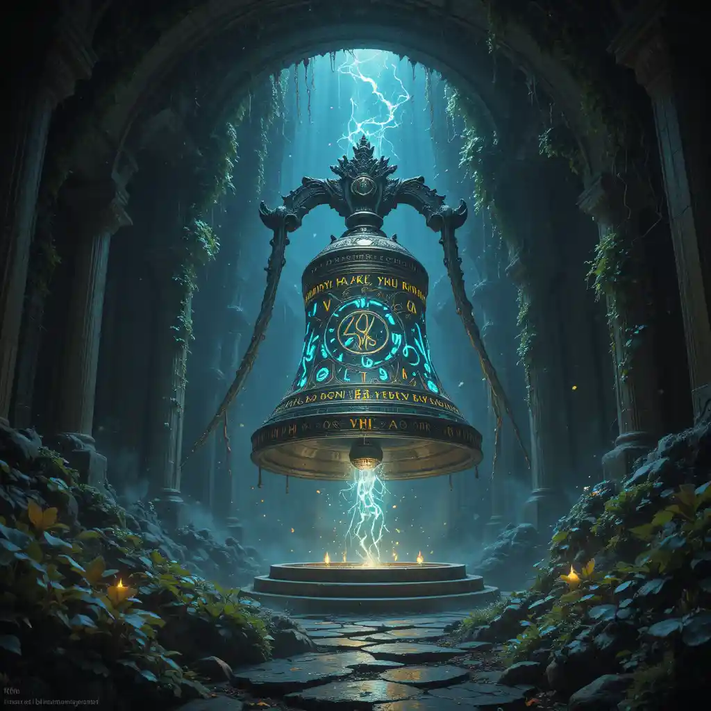 Enchanted Bronze Bell Floating In A Forgotten Stone Shrine