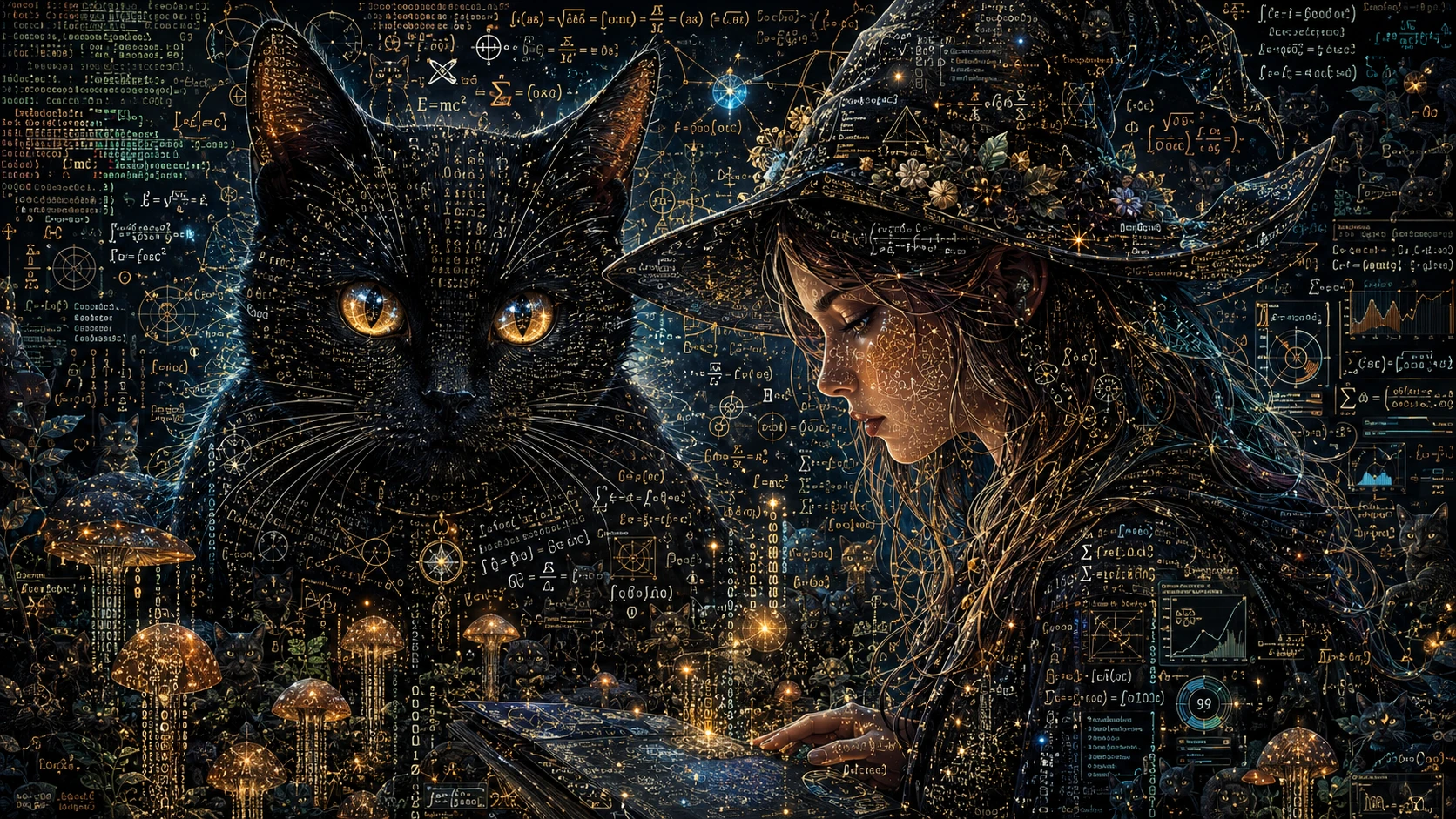 Gato negro de ojos brillantes junto a una bruja encantadora