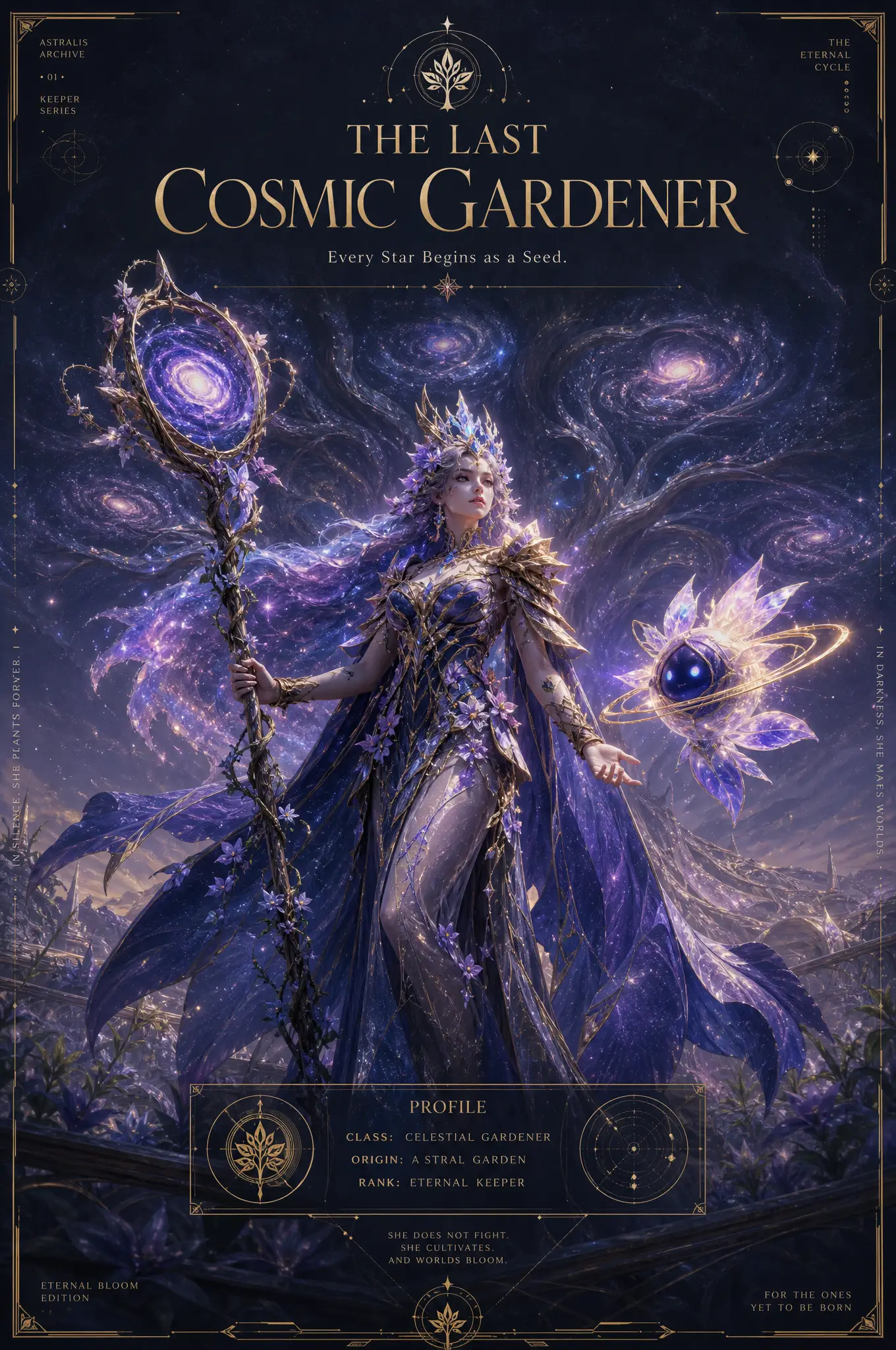 Celestial woman guardian before a vast cosmic world tree