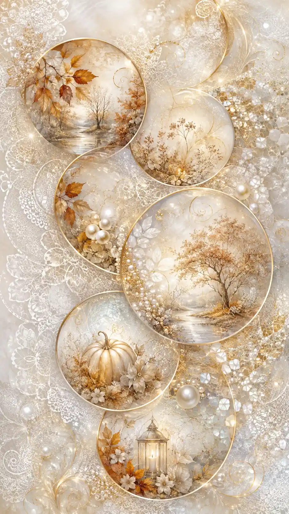Glowing geometric circles with delicate autumn motifs and lace