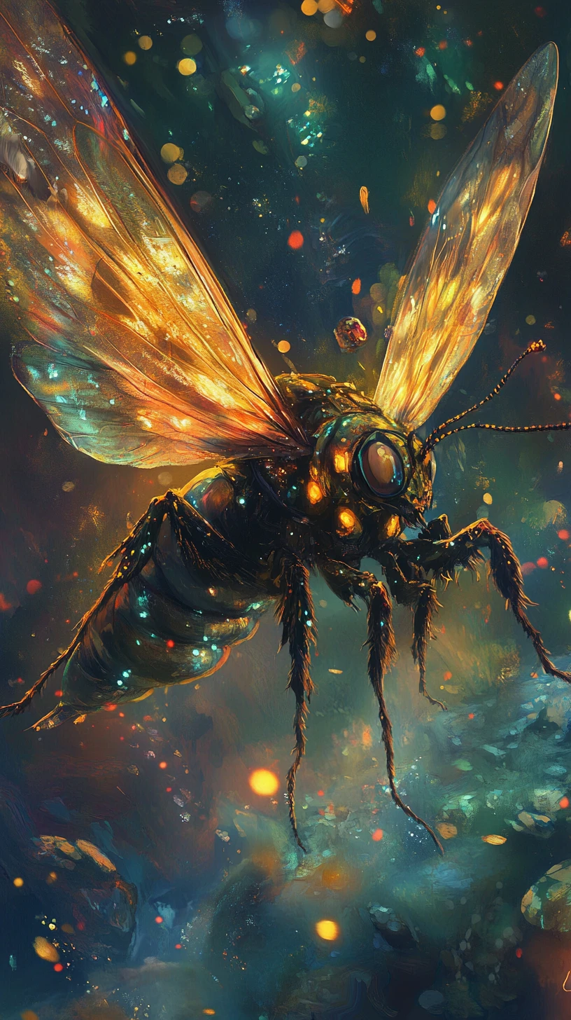 Dynamic fantasy insect hero in dramatic glowing action