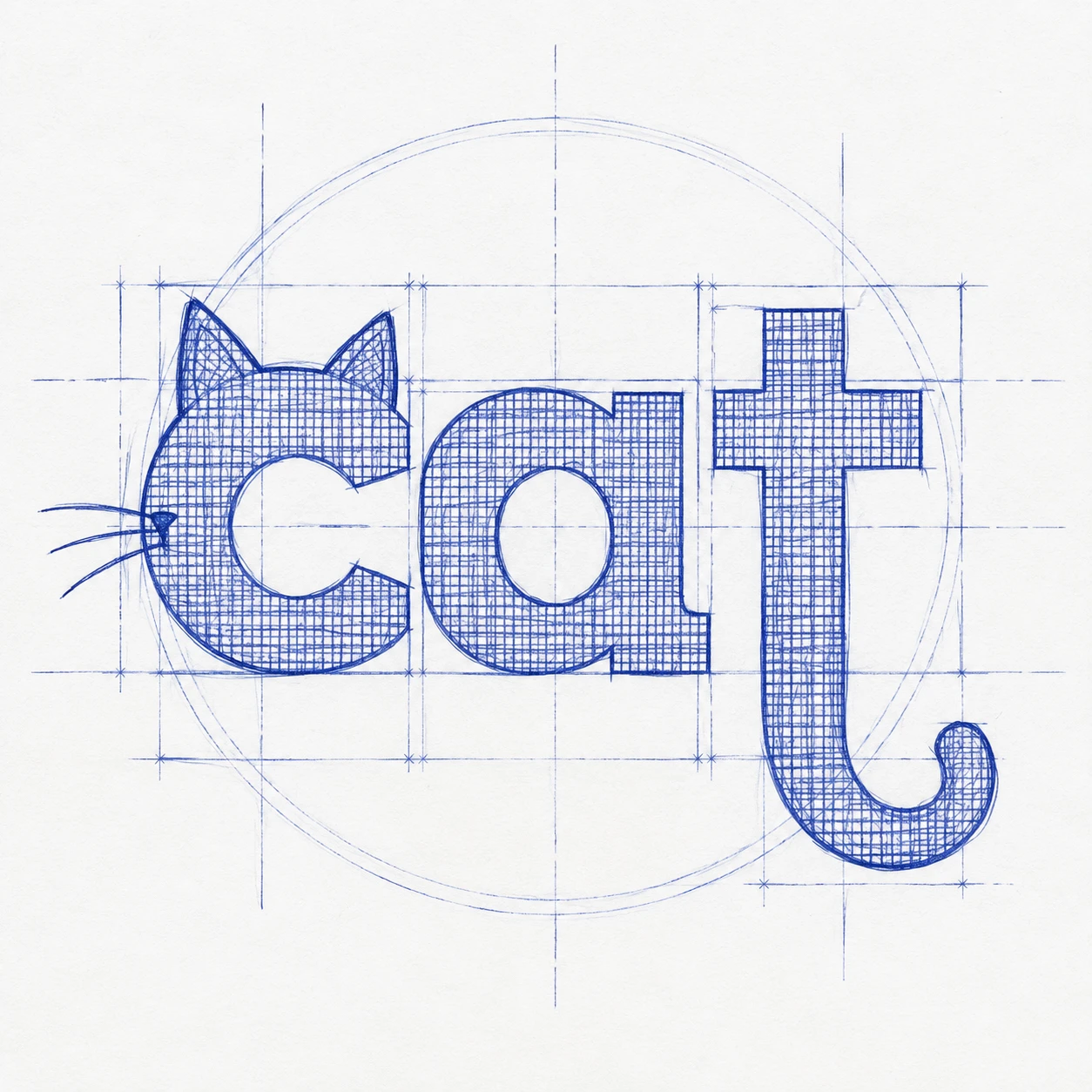 Handgezeichnete katzenbezogene Typografie-Skizze mit Konstruktionslinien