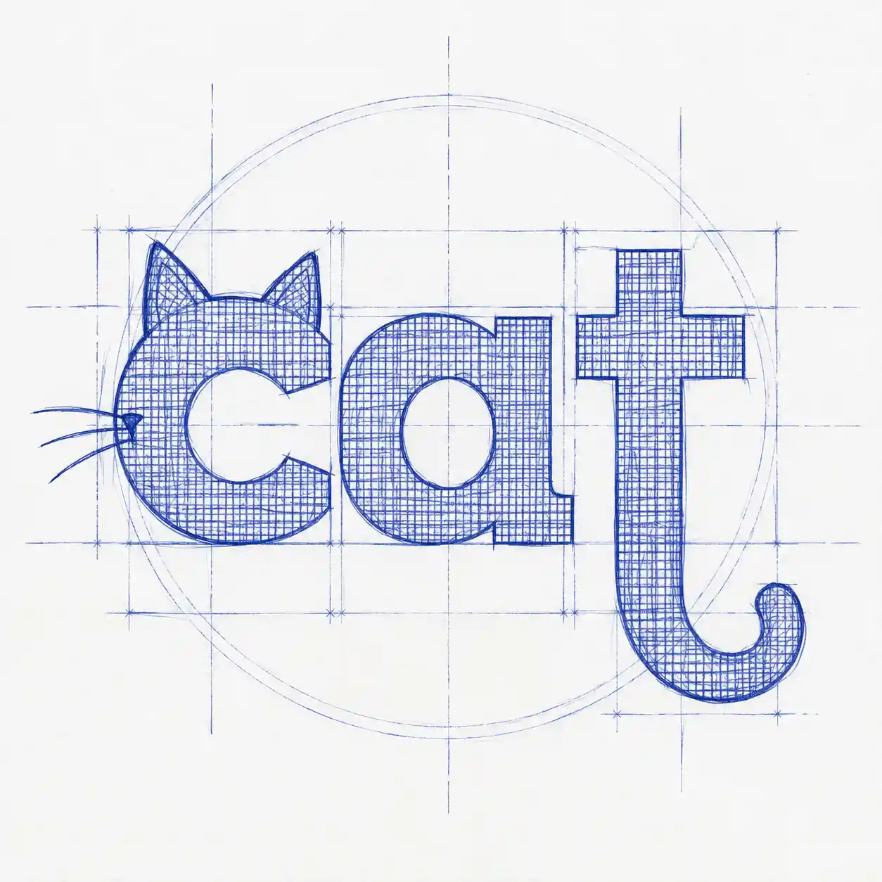 手描きの猫モチーフタイポグラフィーと製図ラインのスケッチ