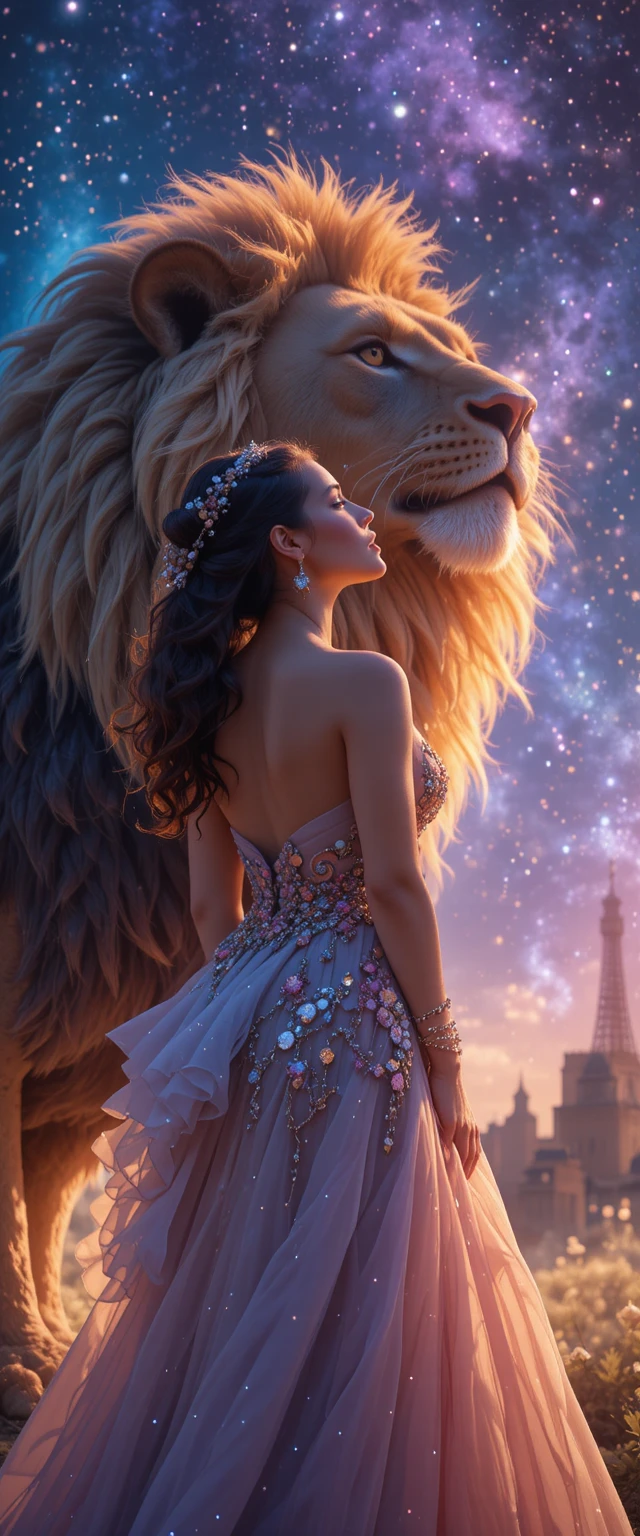 Mujer elegante con vestido de lujo junto a un león en París