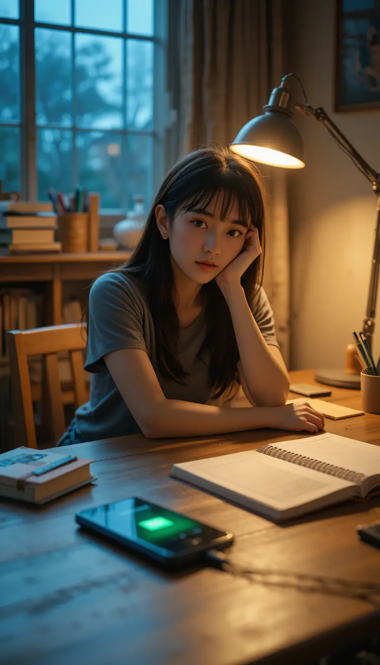 Tired girl studying late at a desk with glowing phone