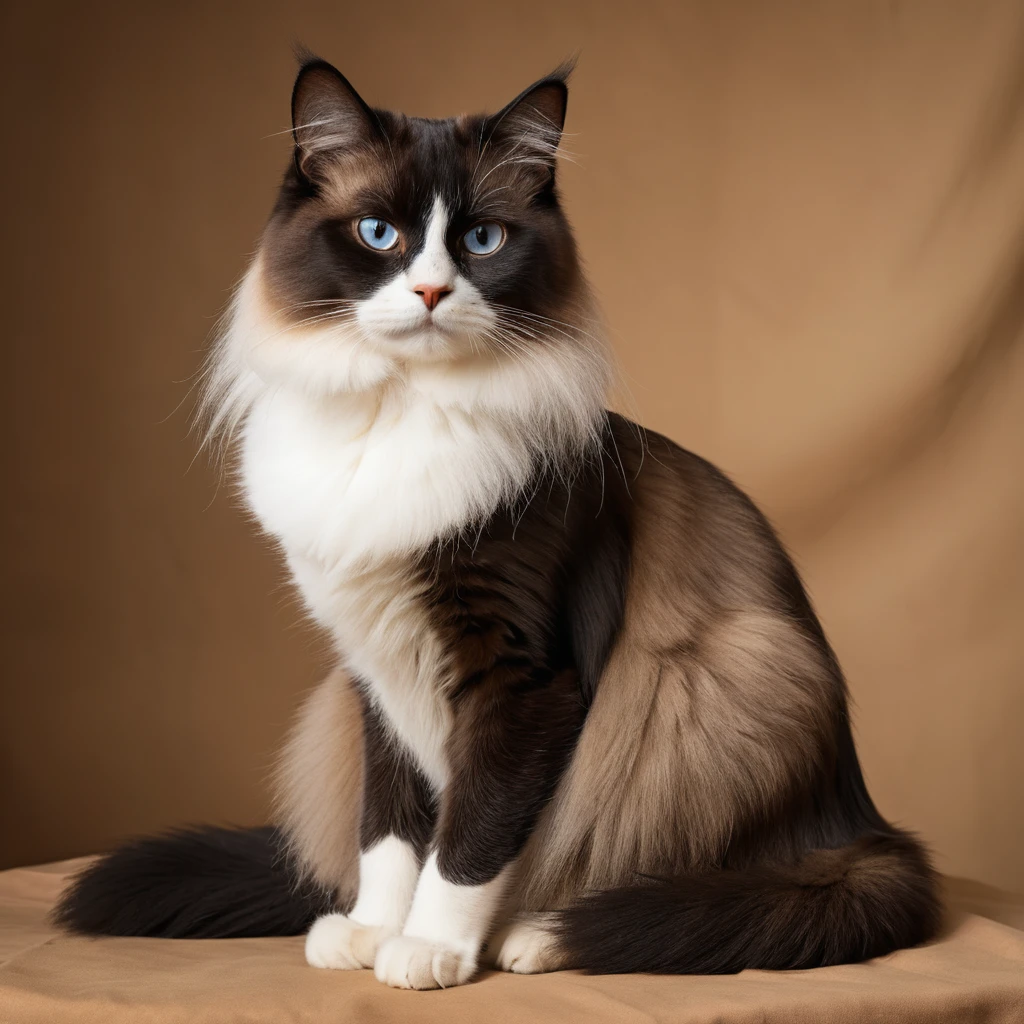 Elegante gato negro con detalles blancos en los ojos sobre cuerpo marrón