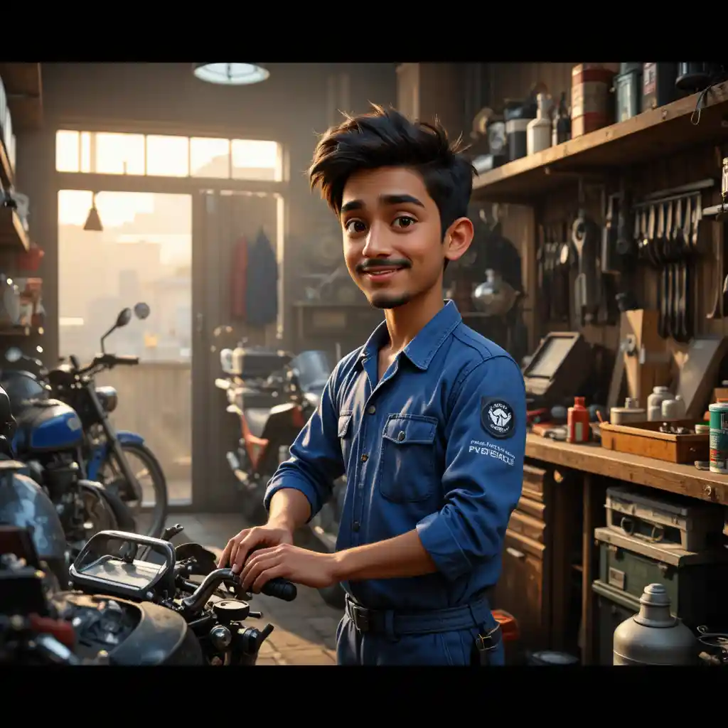 Giovane meccanico di moto che lavora in una piccola officina