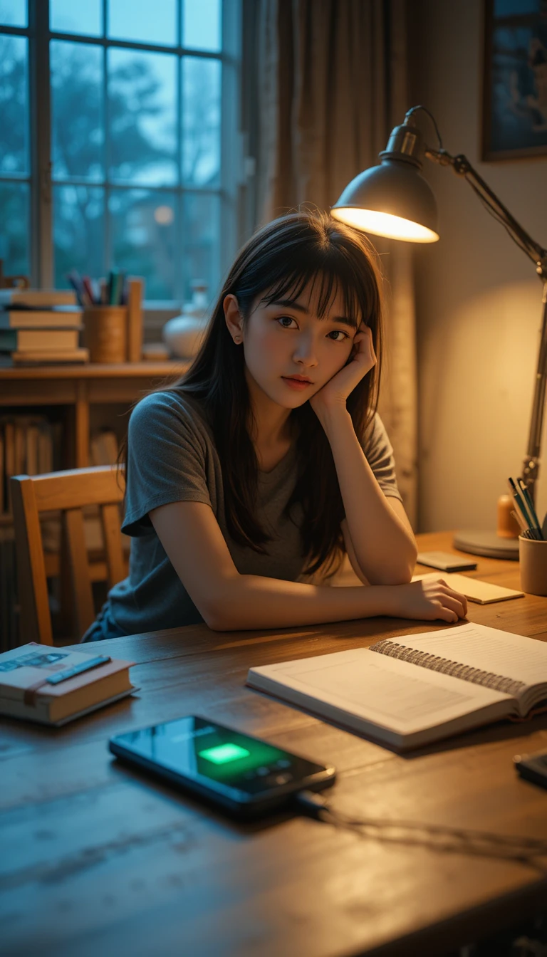 Chica cansada estudiando hasta tarde en el escritorio con el móvil iluminado