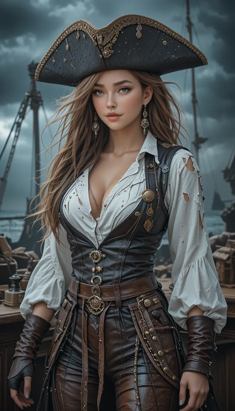 Capitana pirata formosa sul ponte di una vecchia nave