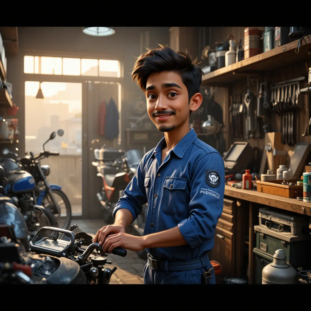 Young bike mechanic working in a small motorcycle workshop
