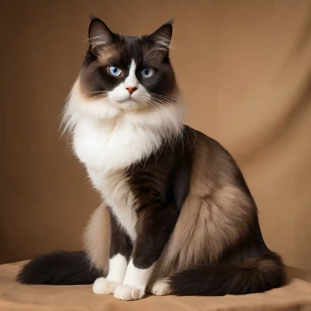 Elegante schwarze Katze mit weißen Augen-Details auf braunem Körper