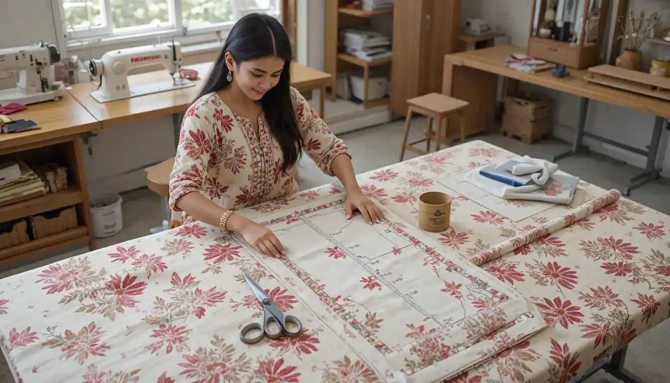 ブティック工房で花柄クルティを仕立てるインド人女性