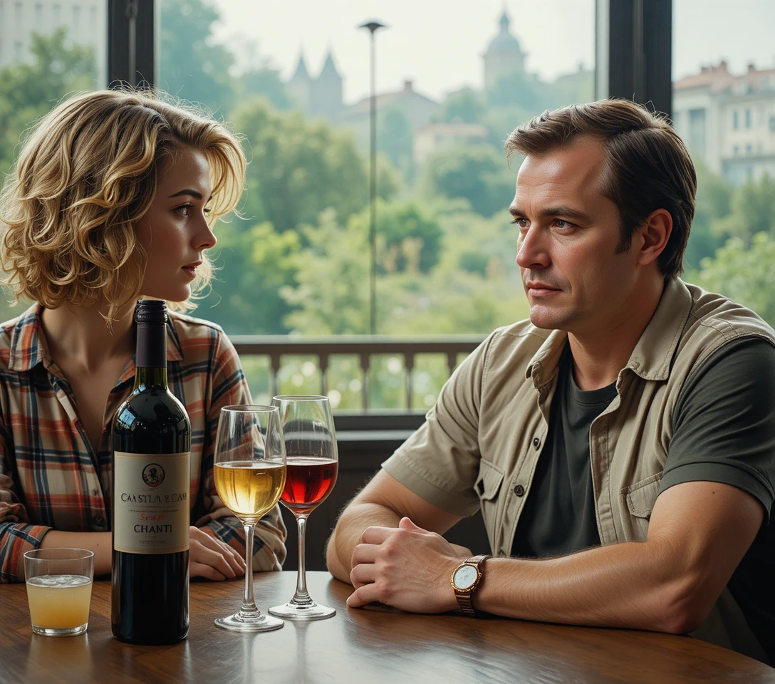 Hombre y mujer hablando en una mesa con vino y bebidas