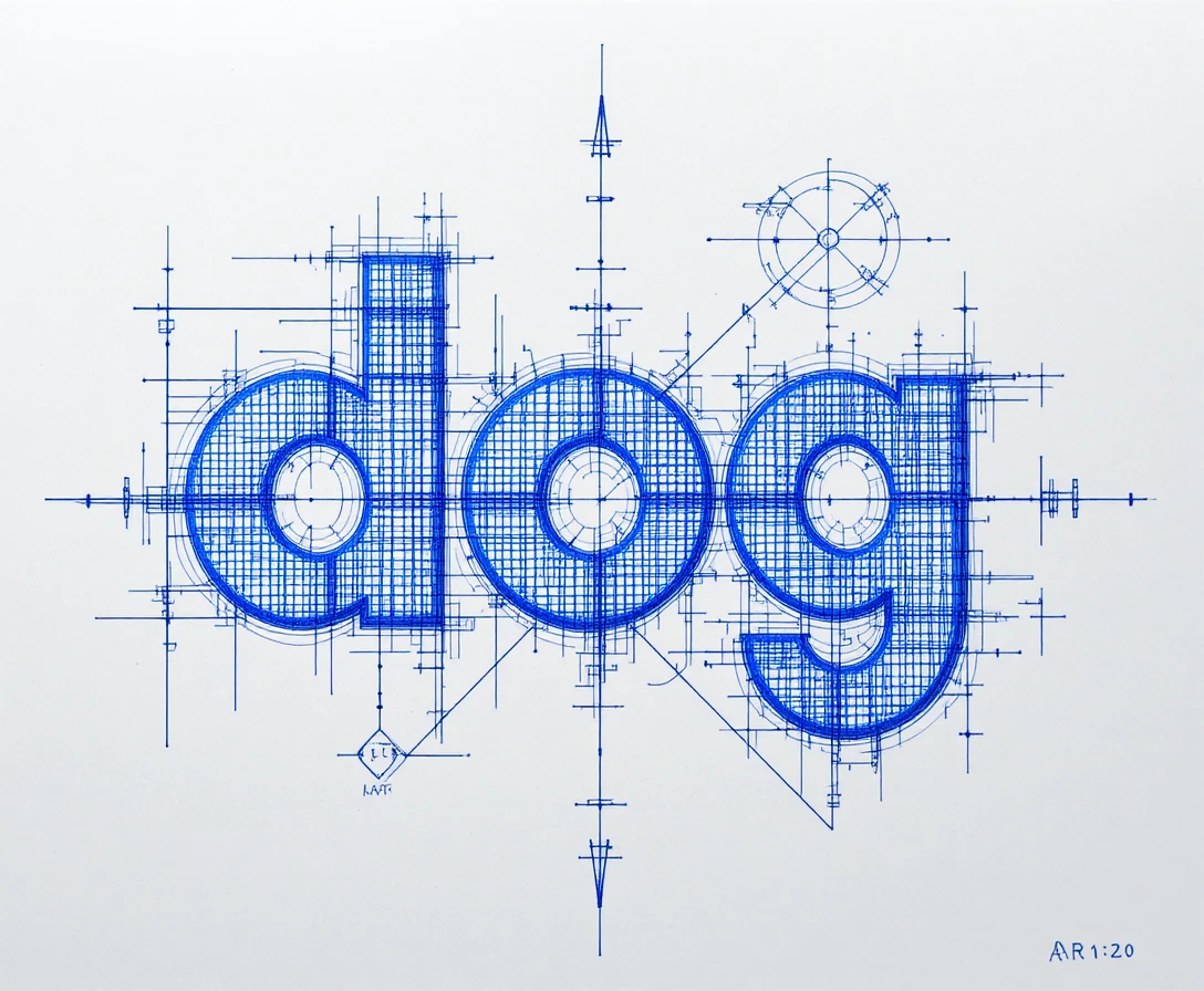 Hand drawn geometric dog typography sketch in blue ink