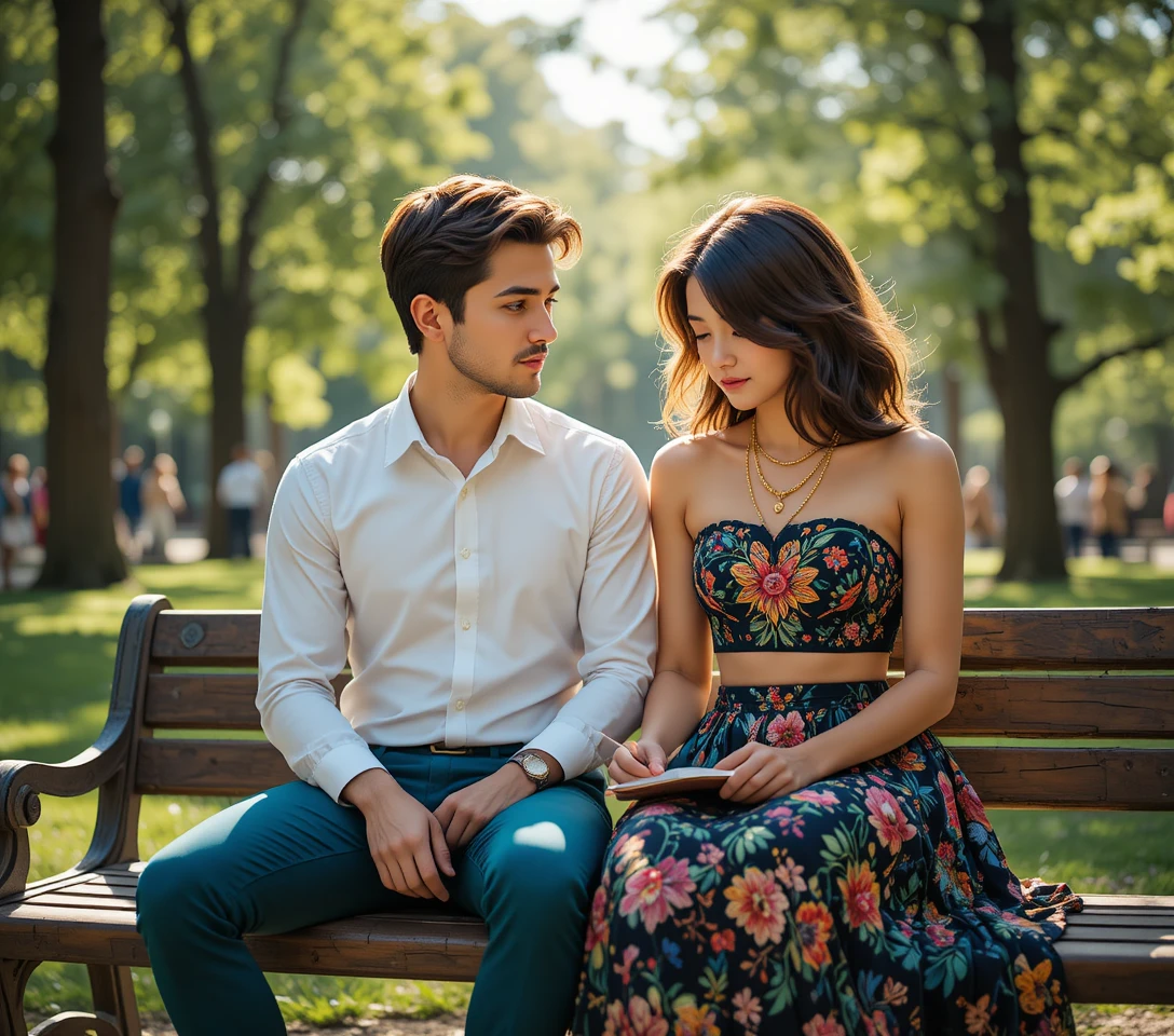 Joven pareja compartiendo un momento tranquilo en un banco del parque