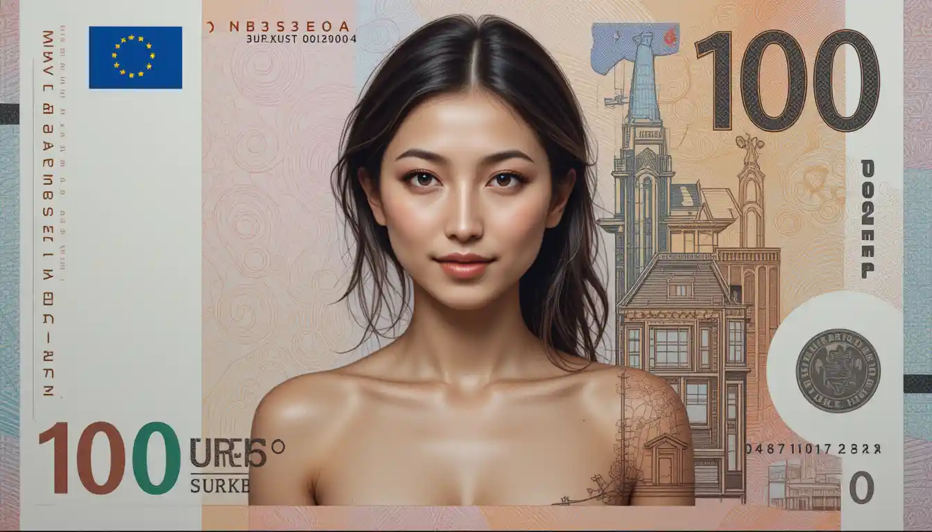 Artistic banknote portrait of a young mixed Asian woman
