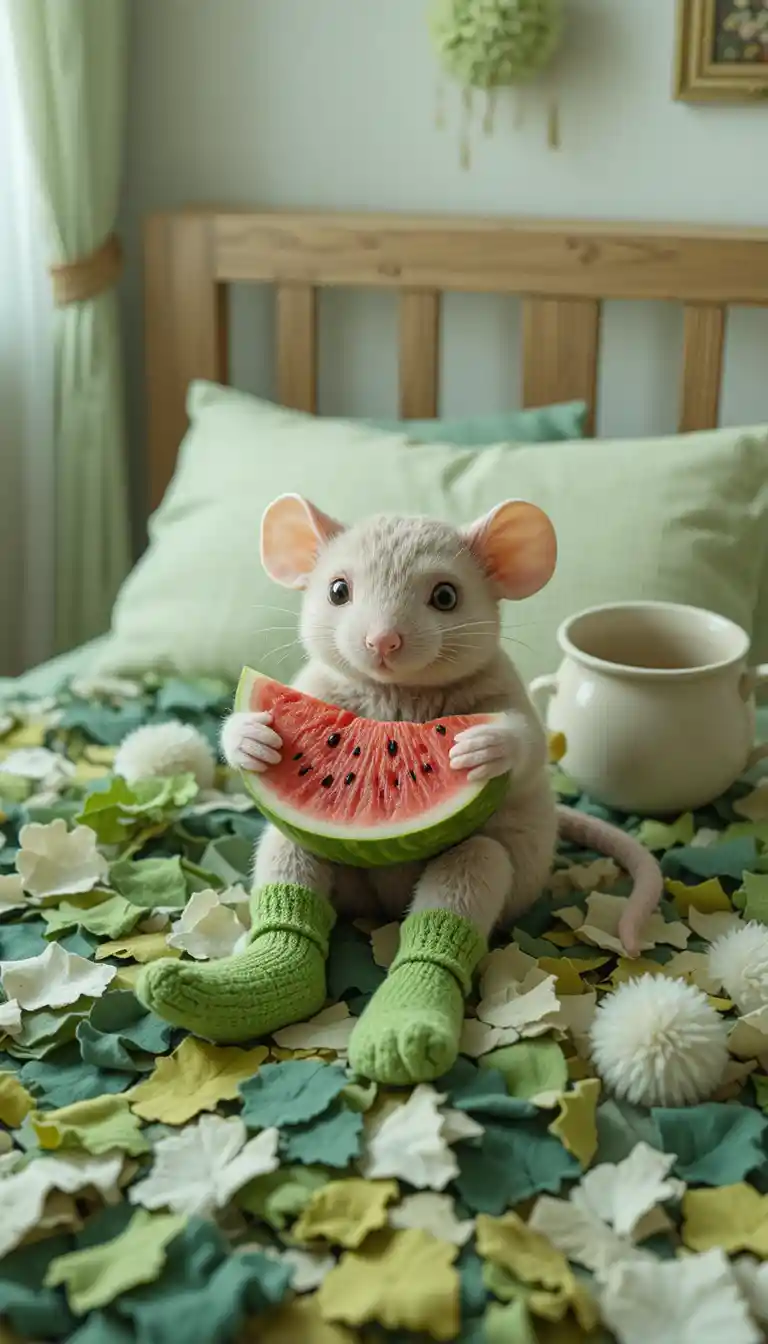 スイカと一緒にくつろぐかわいいちびマウス
