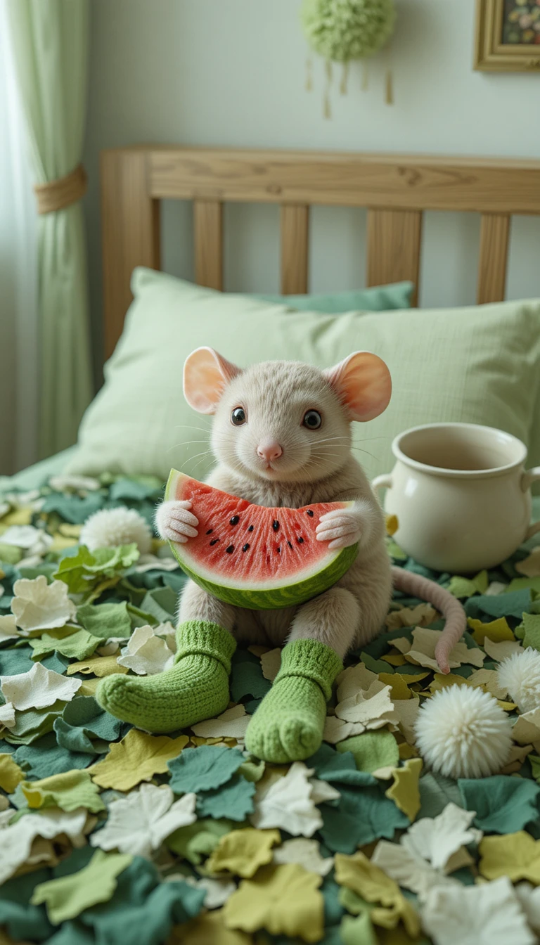 スイカと一緒にくつろぐかわいいちびマウス