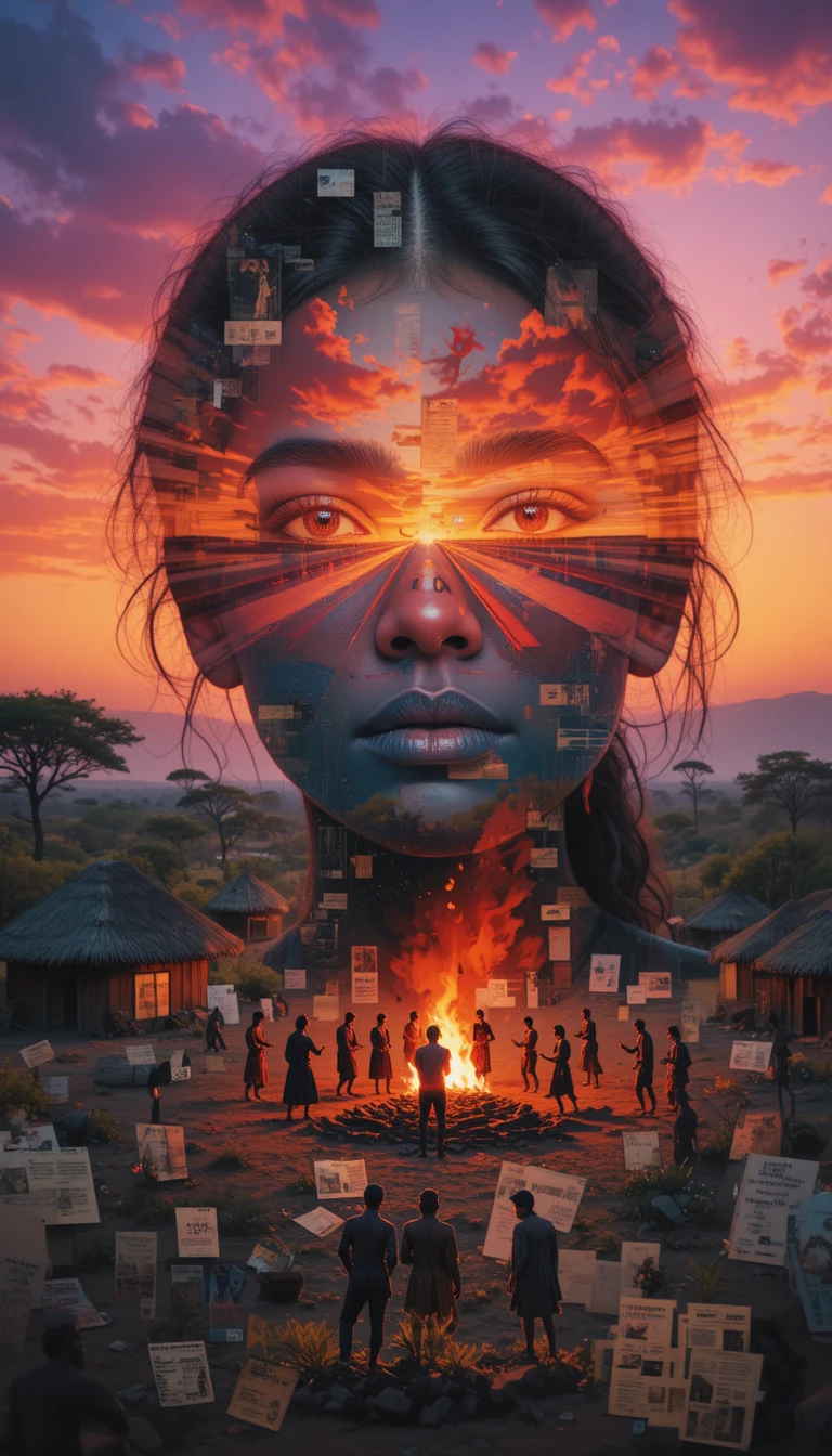 Retrato de doble exposición de una niña africana al atardecer