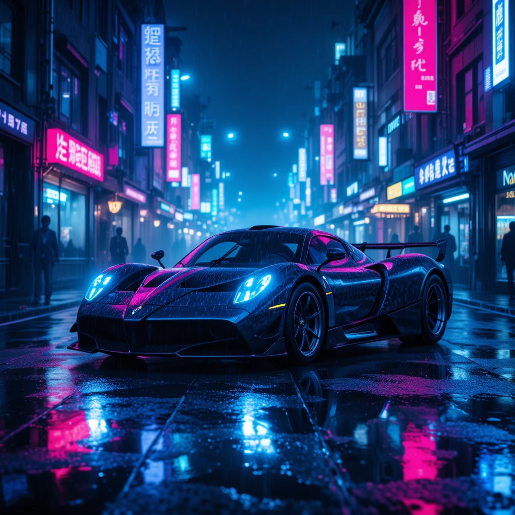 Pagani Huayra en calle de ciudad neón bajo intensa lluvia nocturna