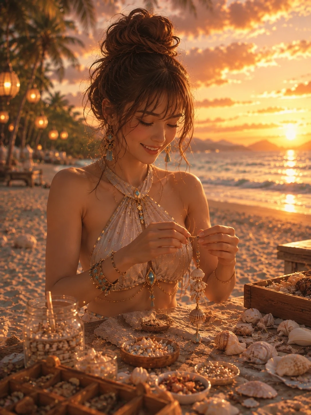 Mujer creando un collar de conchas con peinado de moño despeinado