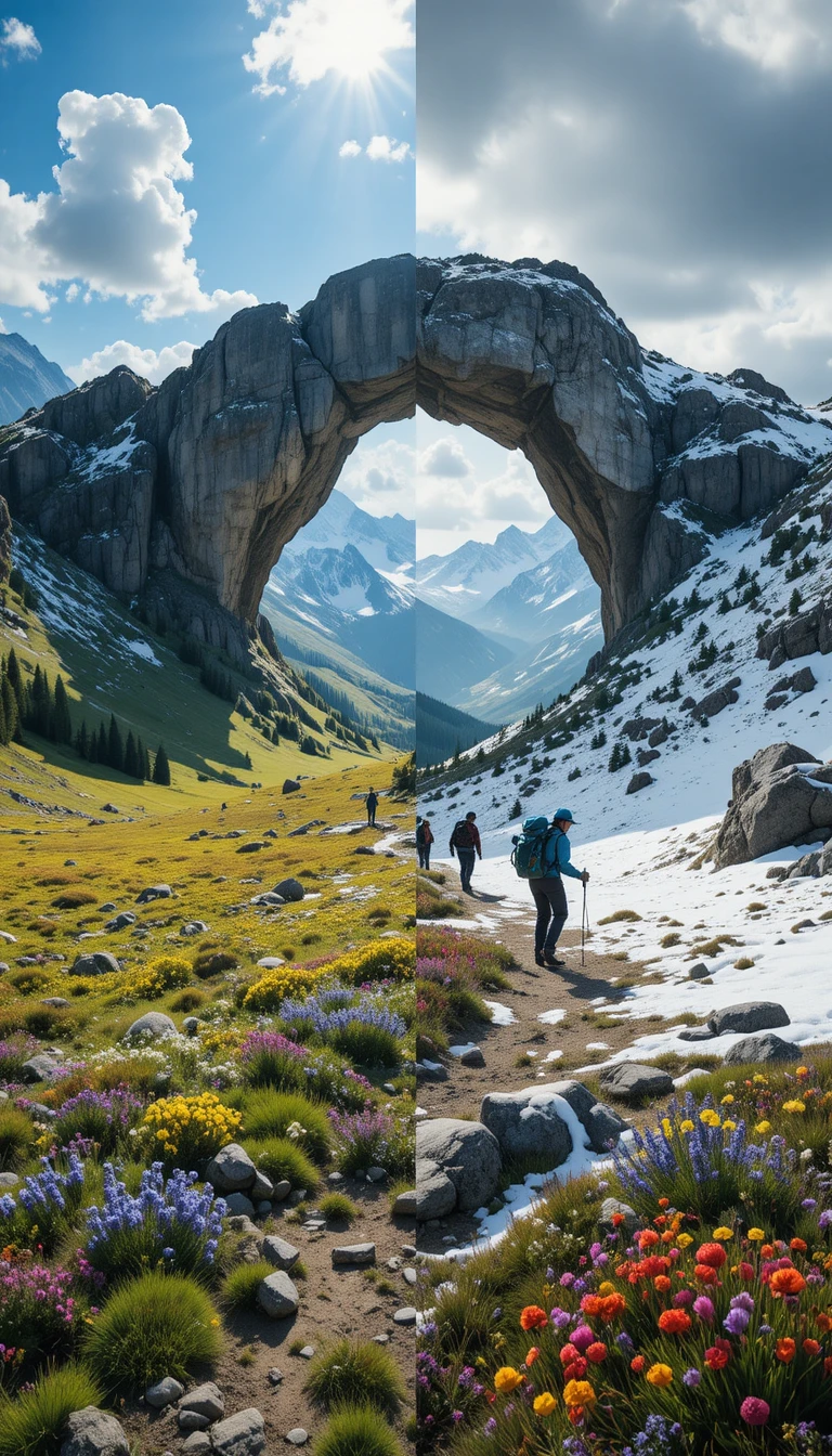Pradera de primavera y montañas invernales en contraste dramático