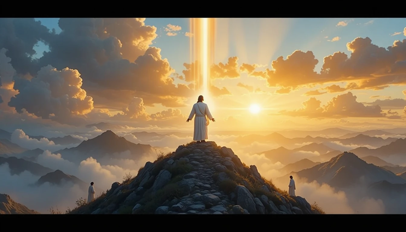 Jesús transfigurado en luz radiante en la cima de una montaña