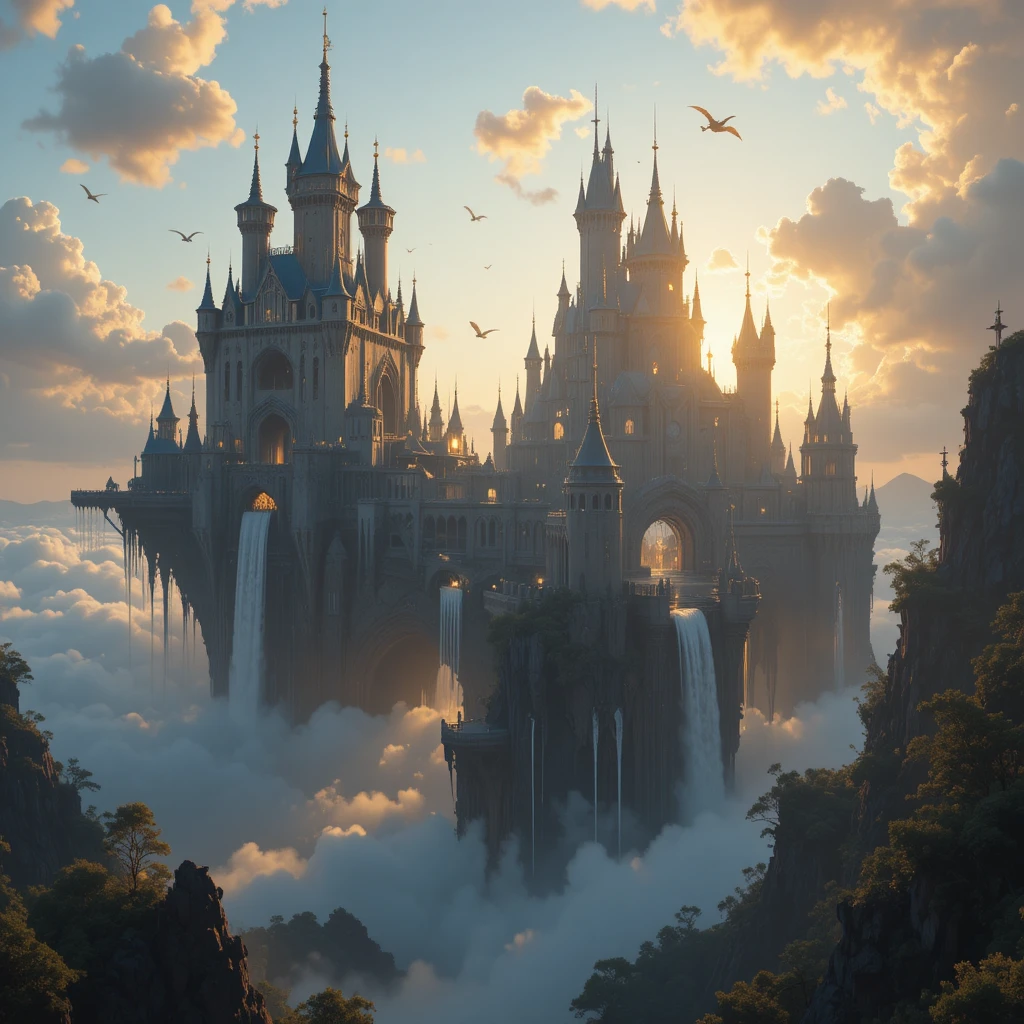 Colosal castillo flotante de fantasía sobre nubes brillantes al amanecer