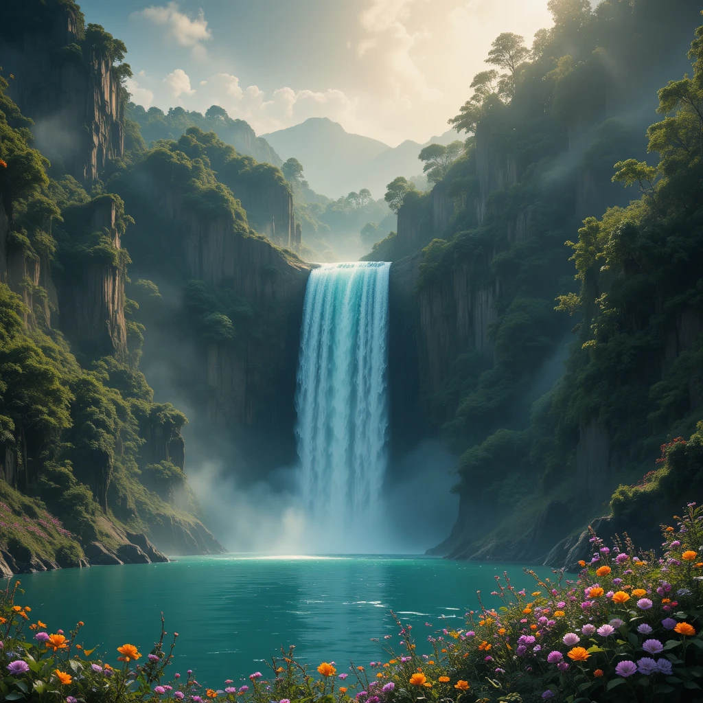 Cascada majestuosa en un valle turquesa con acantilados esmeralda