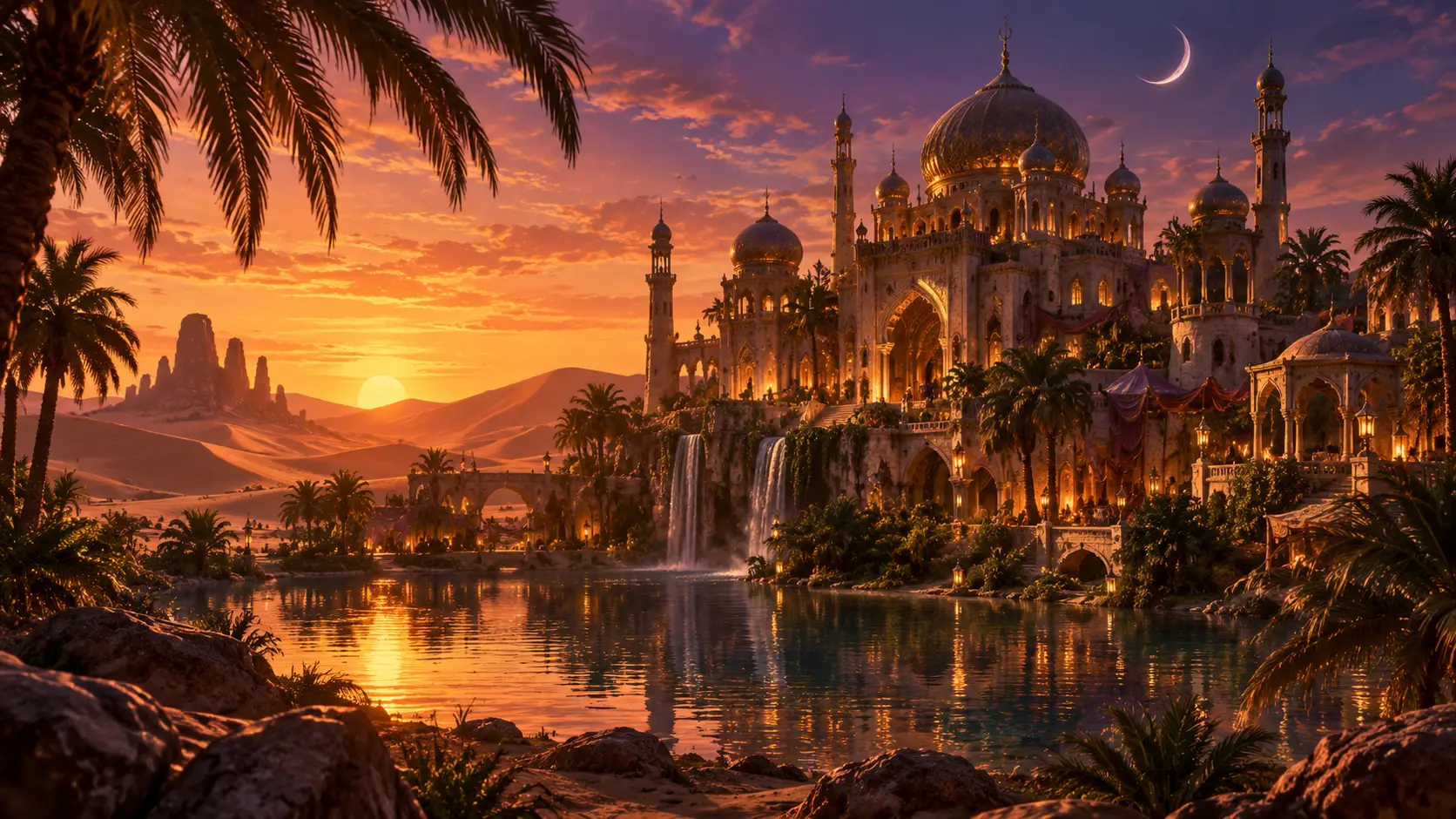 Palacio místico en el desierto elevándose sobre un oasis resplandeciente al atardecer