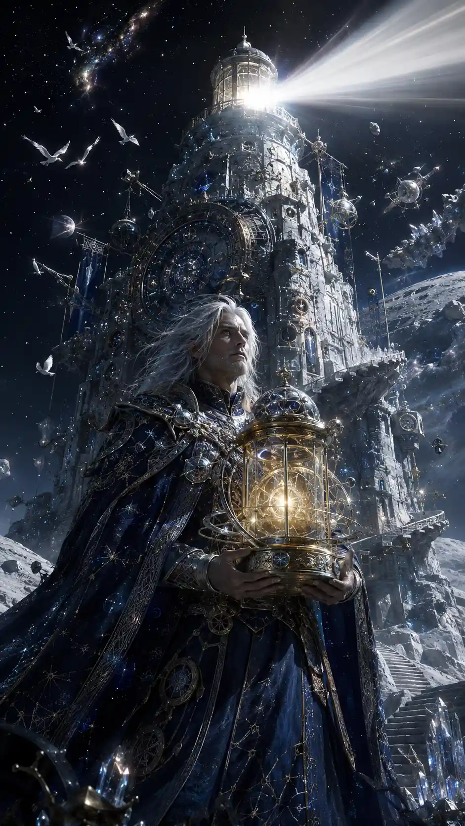 Guardiano celeste su un antico faro lunare