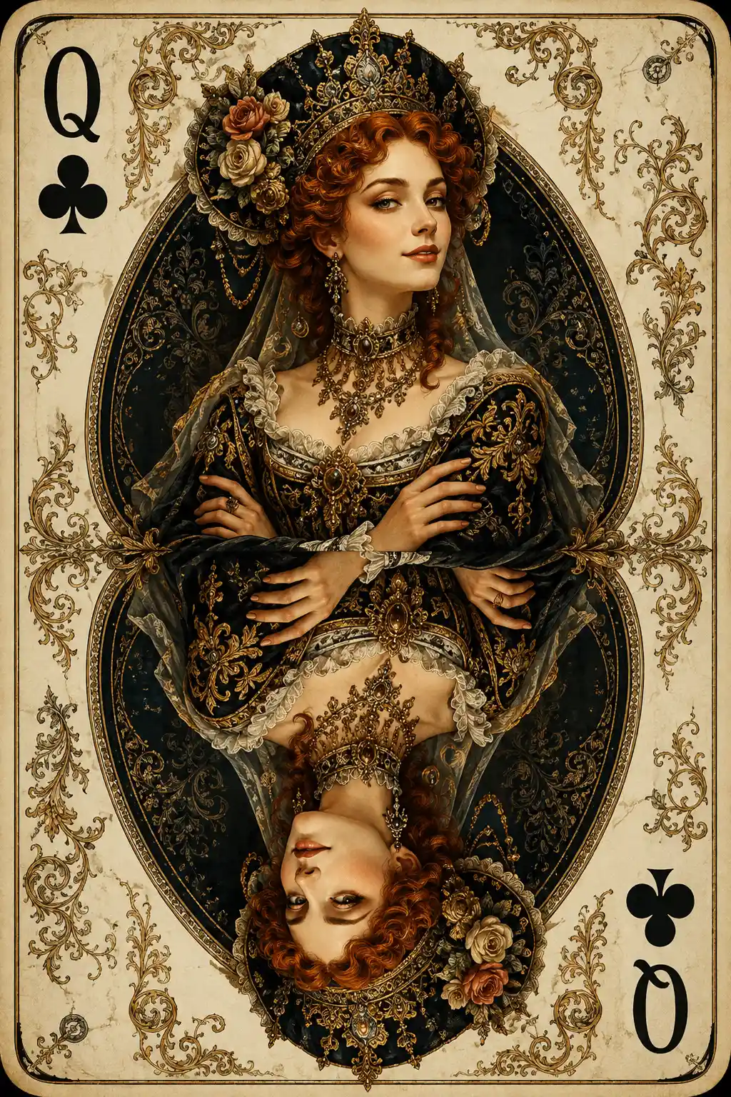 Carta vintage de reina de tréboles con retrato en espejo