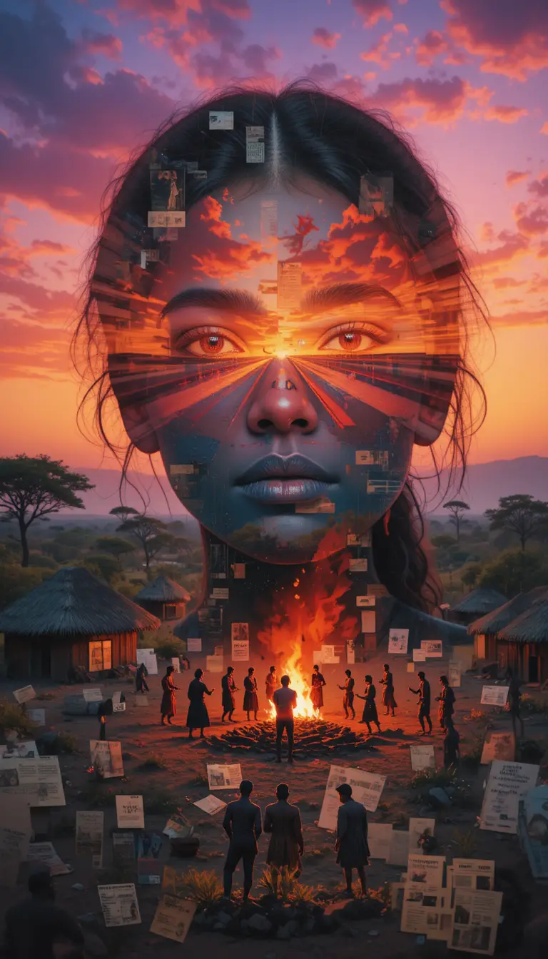 Double exposure portrait of an African girl at sunset