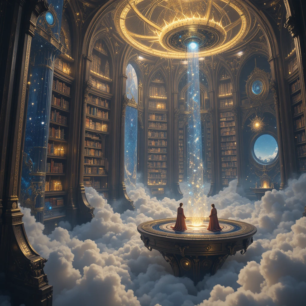 Biblioteca infinita de cristal flotando sobre nubes celestiales resplandecientes