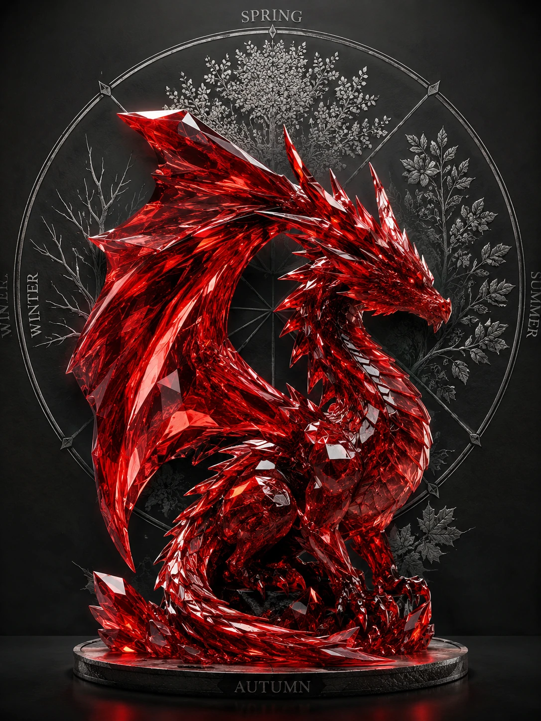 Escultura de dragón rojo cristalino frente a un diagrama de las cuatro estaciones