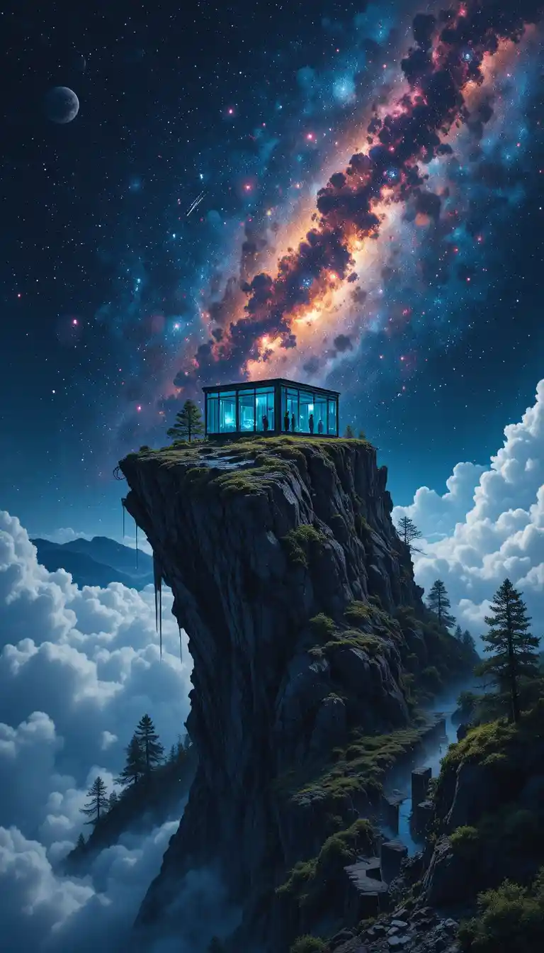 Avanzada futurista de cristal en un acantilado de obsidiana en el espacio