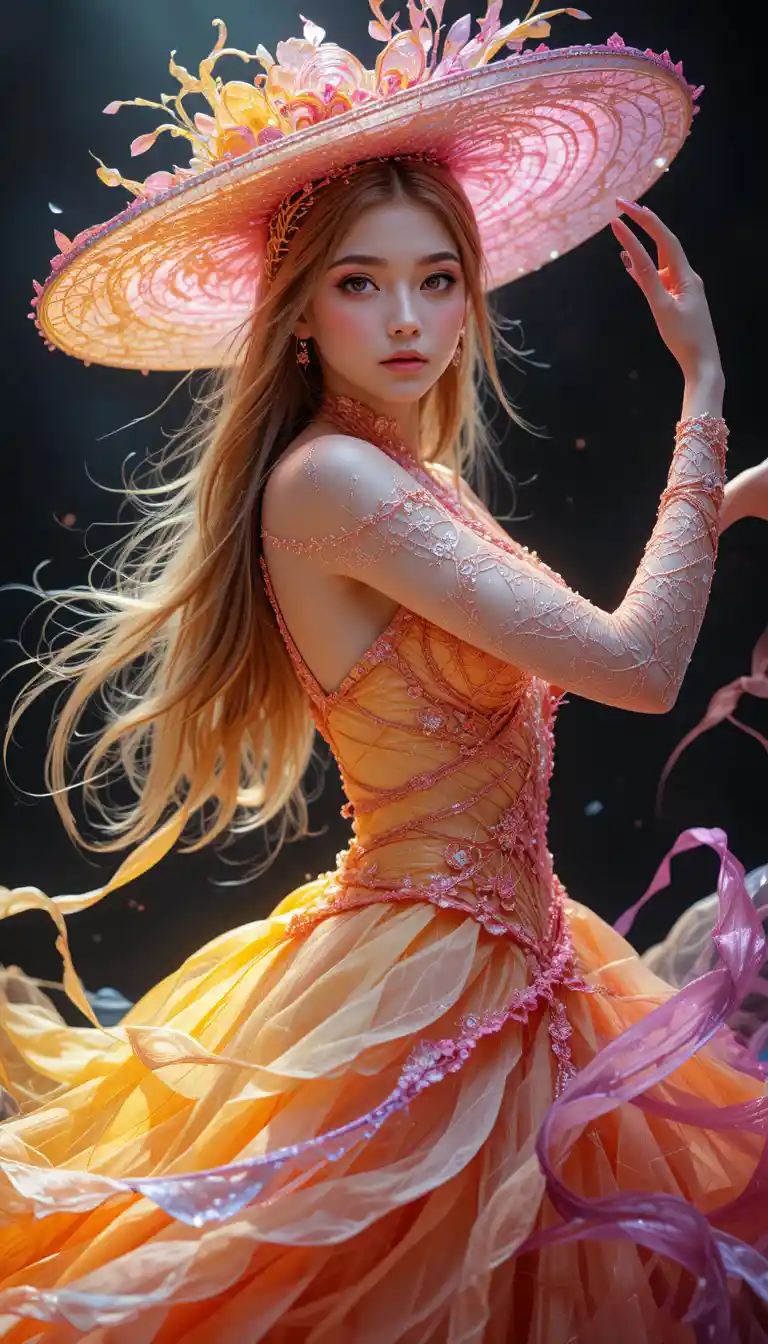 Retrato surreal de princesa hada con vestido abstracto resplandeciente