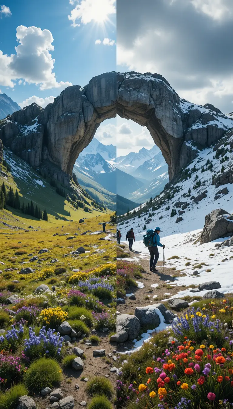 Pradera de primavera y montañas invernales en contraste dramático