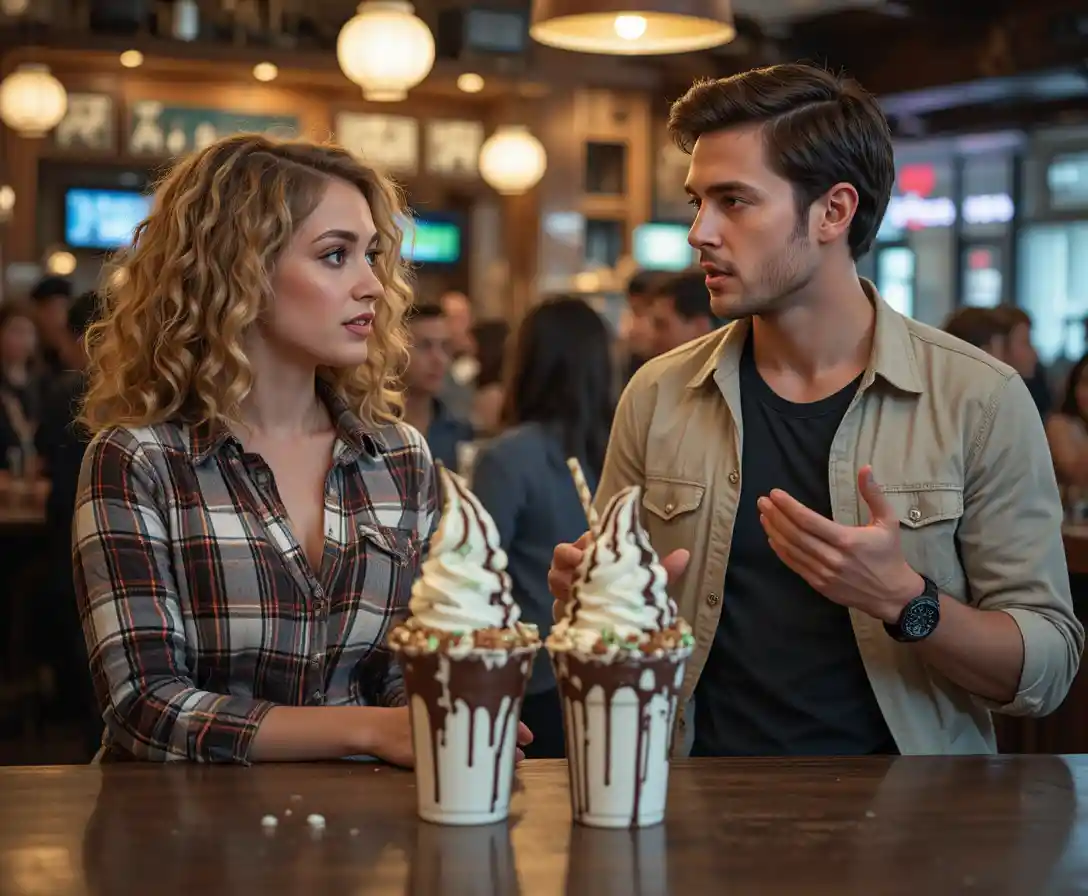 Pareja conversando mientras toma helado soft en un bar