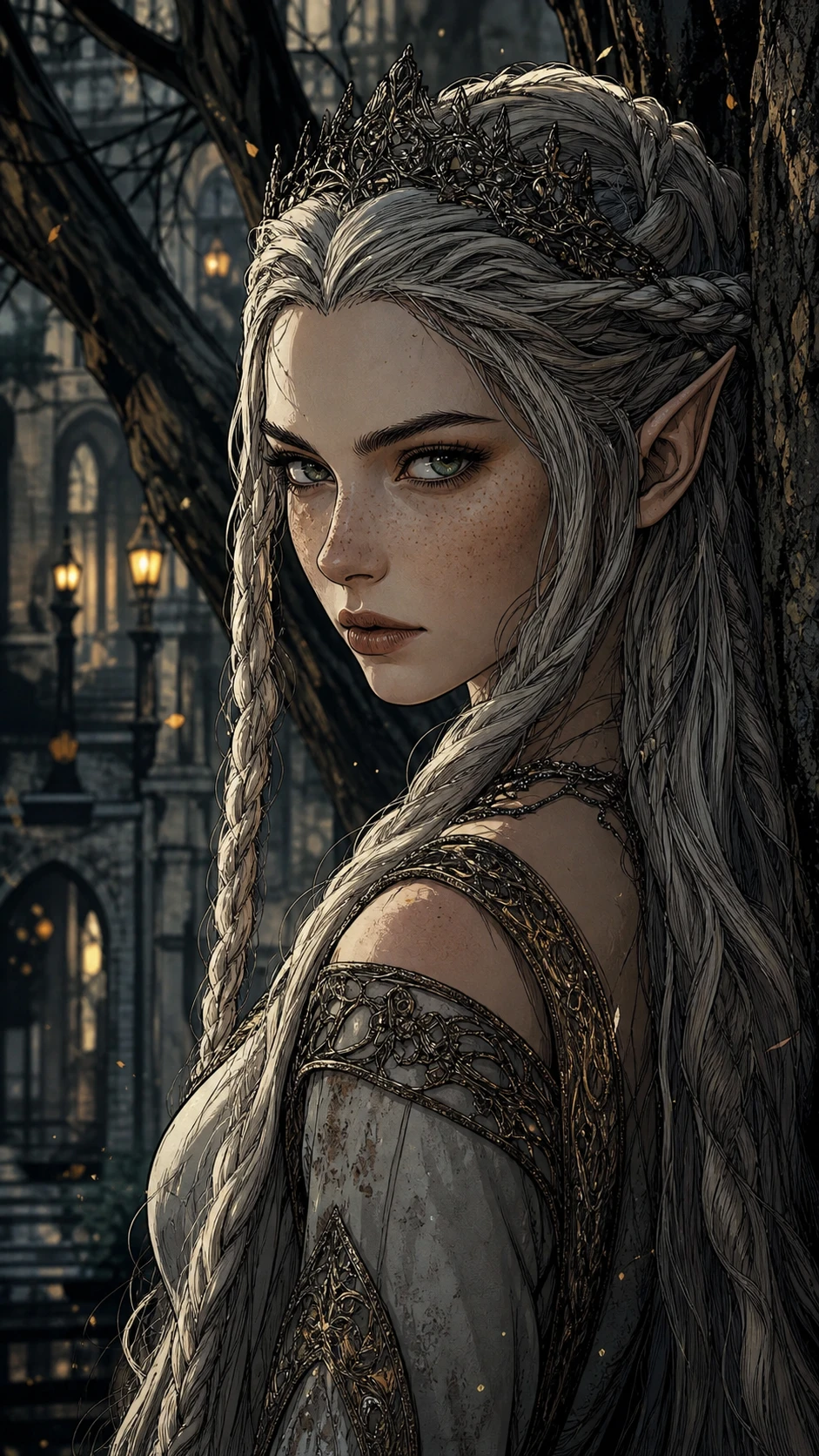 Ilustração de personagem em estilo graphic novel de fantasia sombria